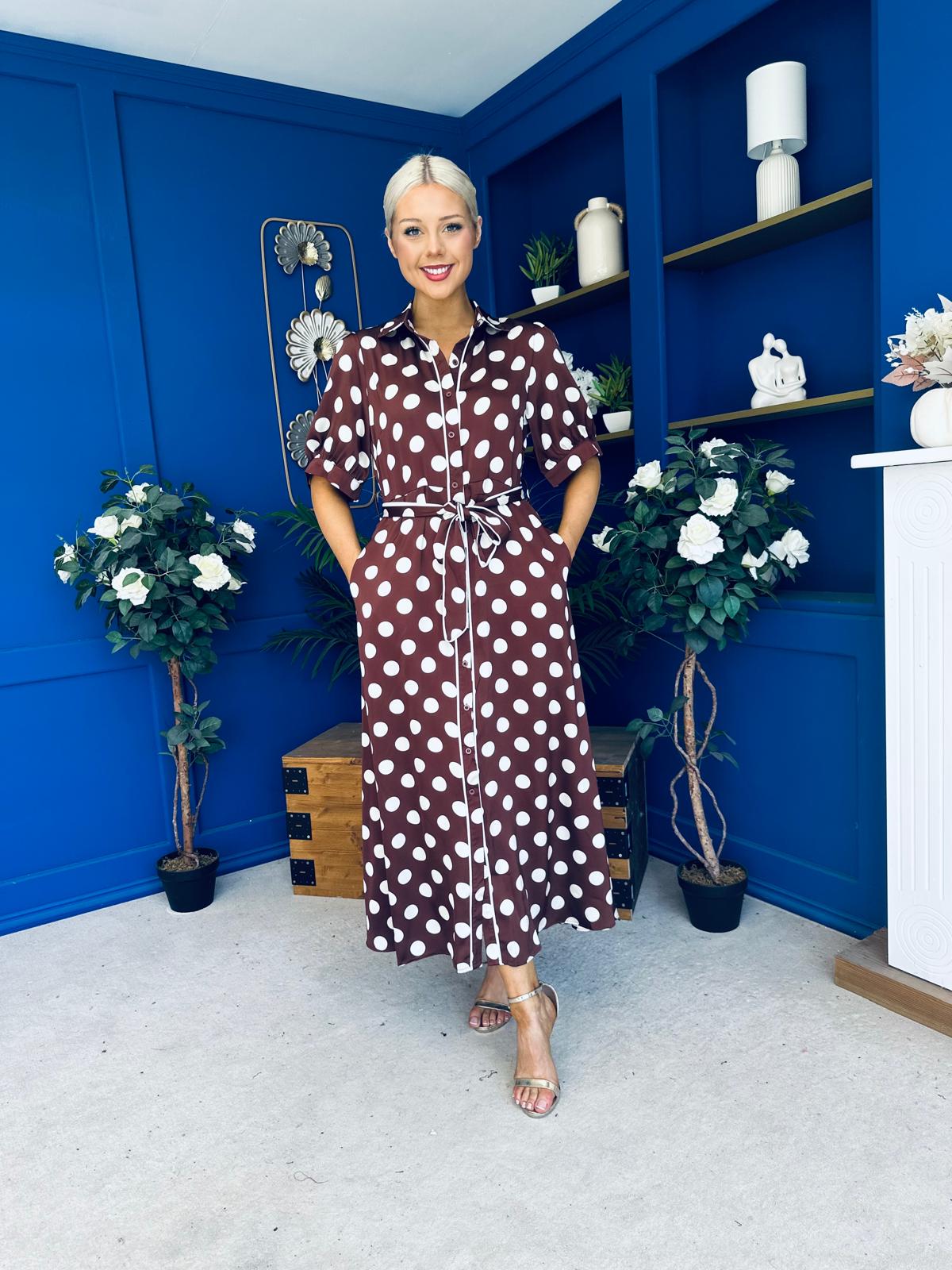 Elaine Polka Dot Midi Shirt Dress in Chocolate