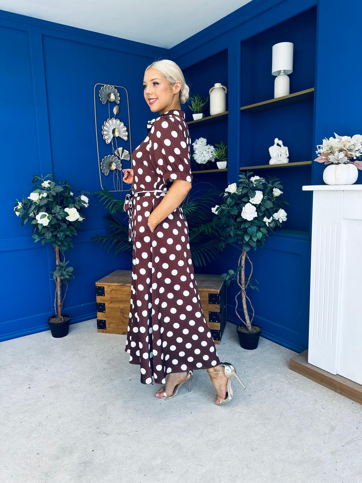 Elaine Polka Dot Midi Shirt Dress in Chocolate