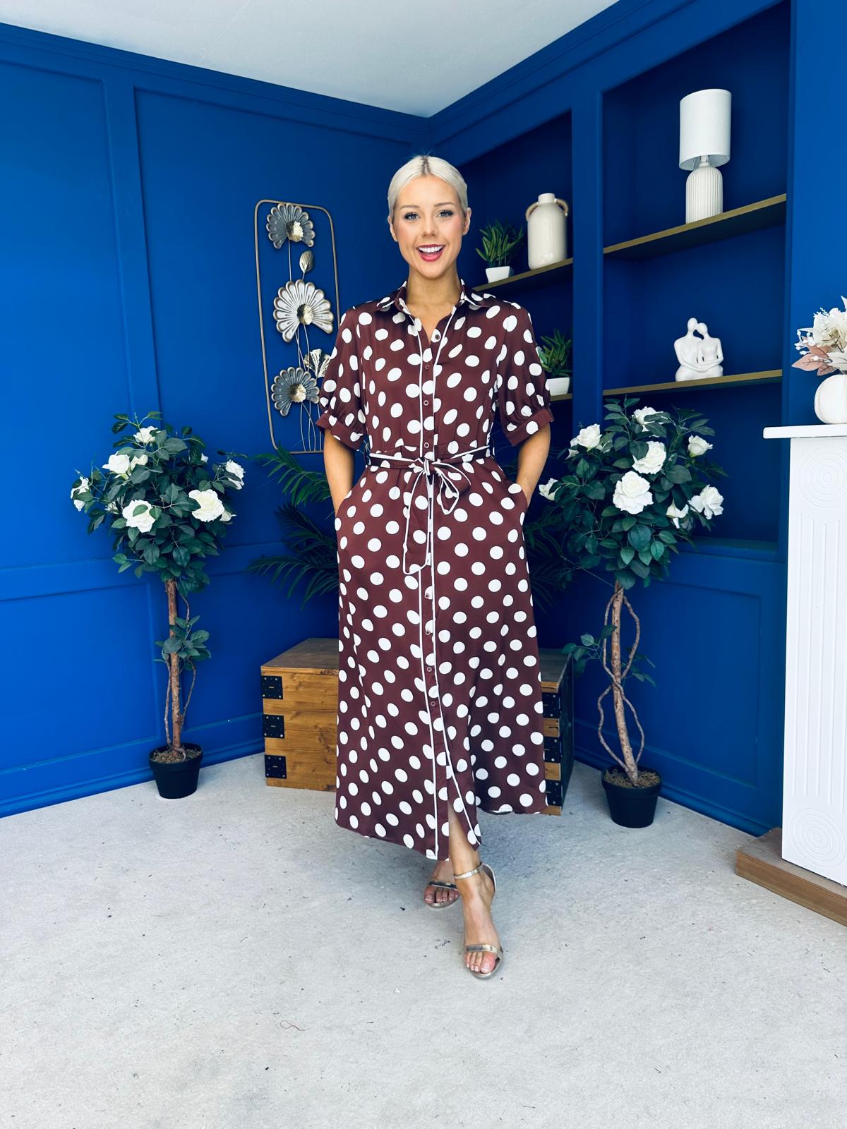 Elaine Polka Dot Midi Shirt Dress in Chocolate