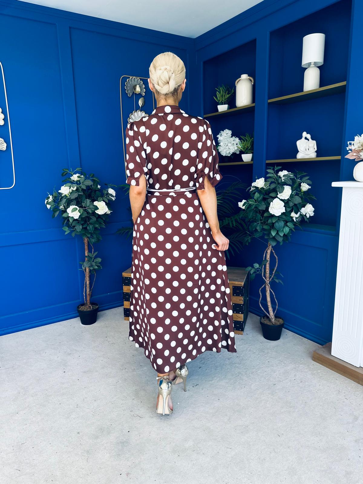 Elaine Polka Dot Midi Shirt Dress in Chocolate