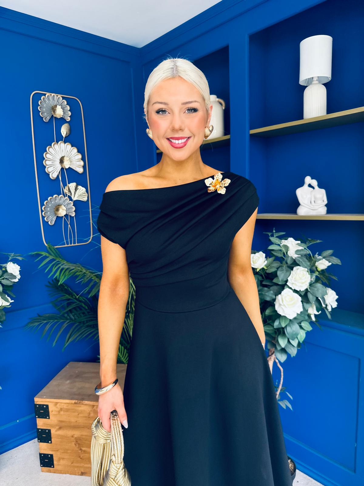 Reagan Gold Broach Detail Midi Dress Black