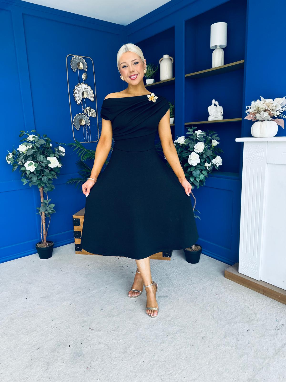 Reagan Gold Broach Detail Midi Dress Black