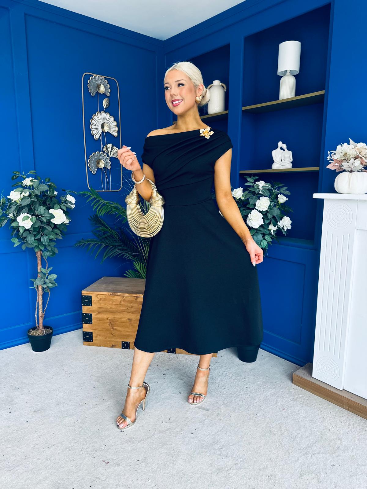 Reagan Gold Broach Detail Midi Dress Black