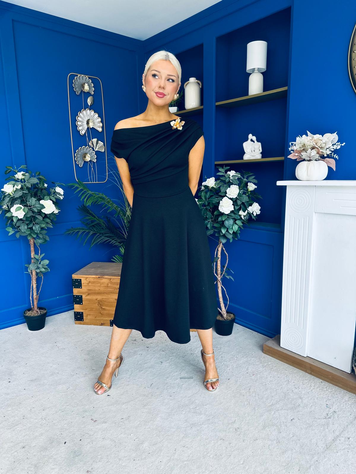 Reagan Gold Broach Detail Midi Dress Black