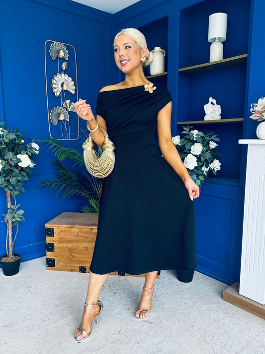 Reagan Gold Broach Detail Midi Dress Black