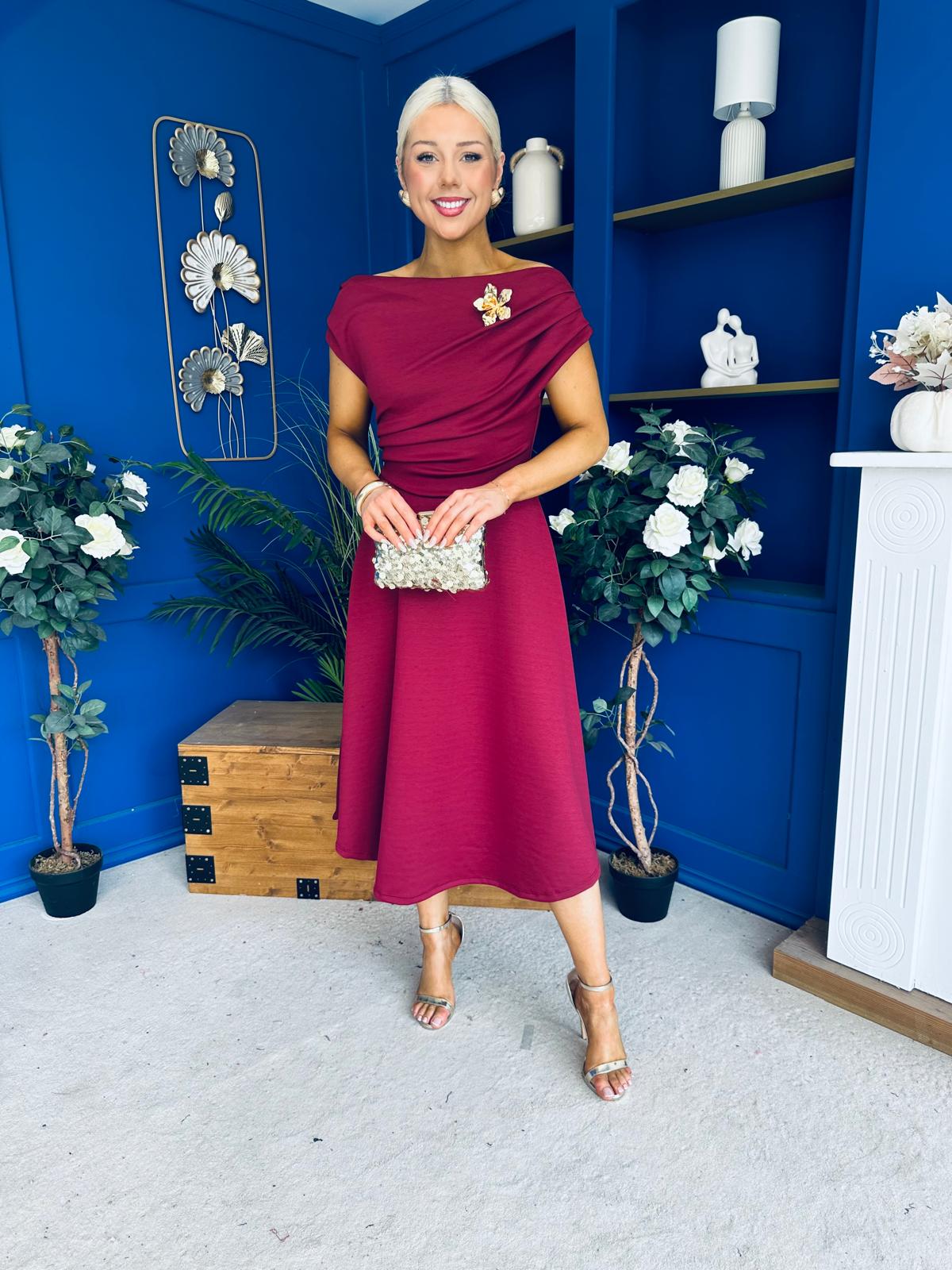 Reagan Gold Broach Detail Midi Dress Wine