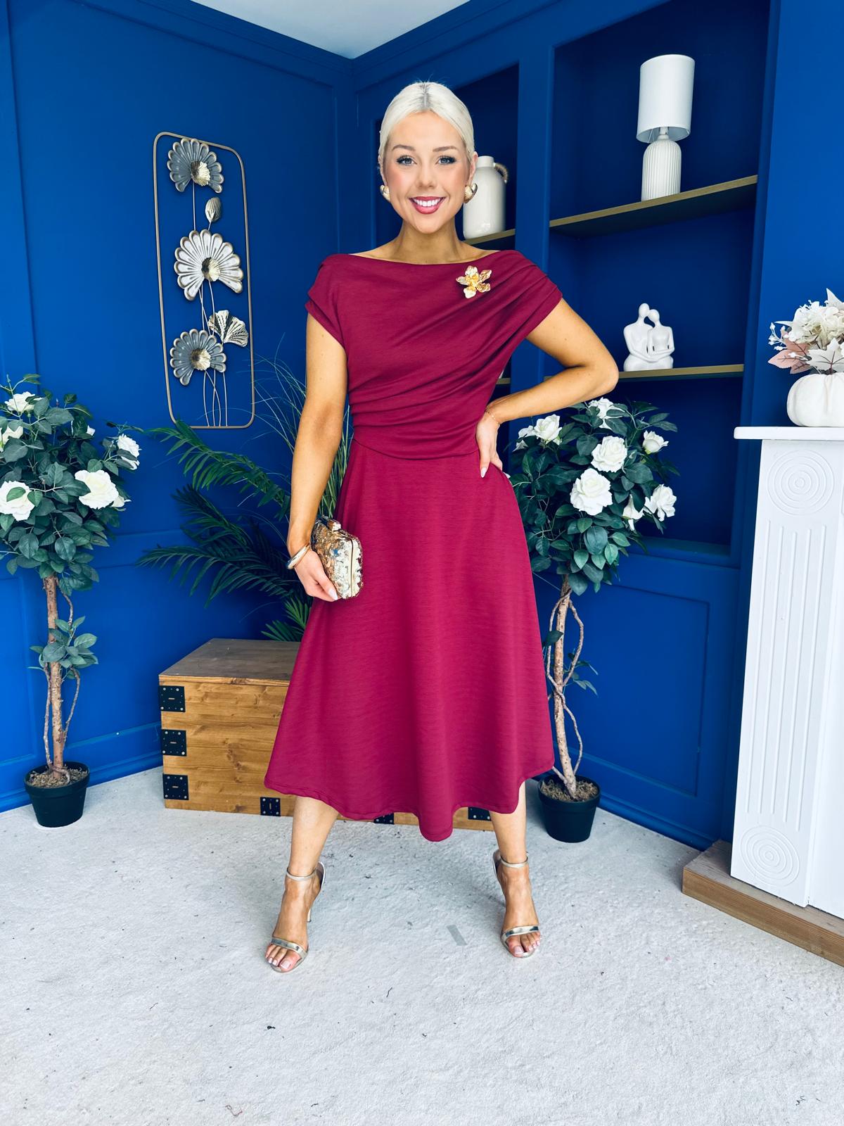 Reagan Gold Broach Detail Midi Dress Wine