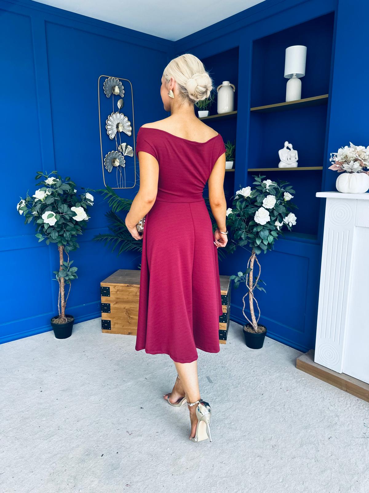 Reagan Gold Broach Detail Midi Dress Wine