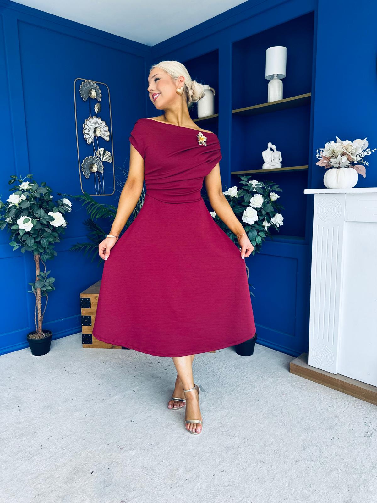 Reagan Gold Broach Detail Midi Dress Wine