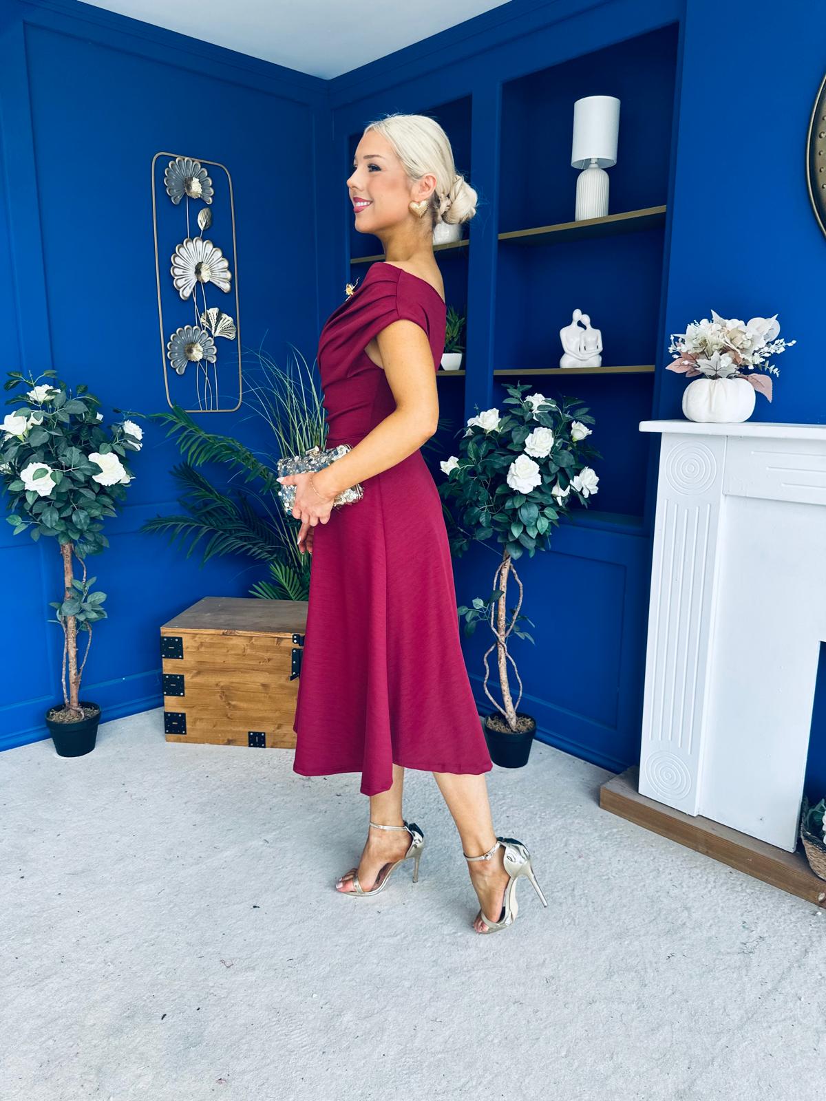 Reagan Gold Broach Detail Midi Dress Wine