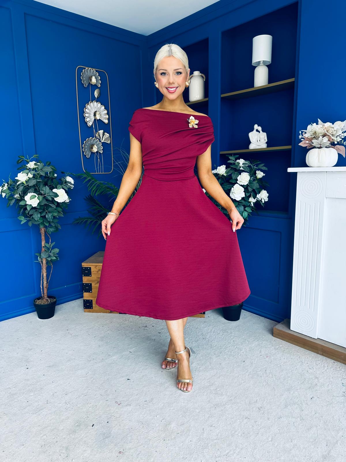 Reagan Gold Broach Detail Midi Dress Wine