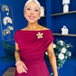 Reagan Gold Broach Detail Midi Dress Wine