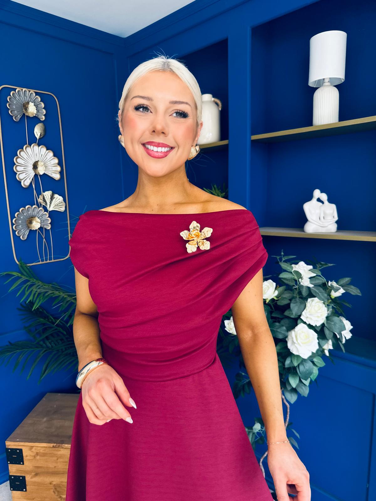 Reagan Gold Broach Detail Midi Dress Wine