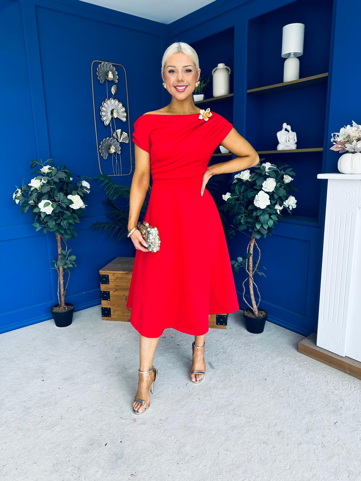 Reagan Gold Broach Detail Midi Dress Red