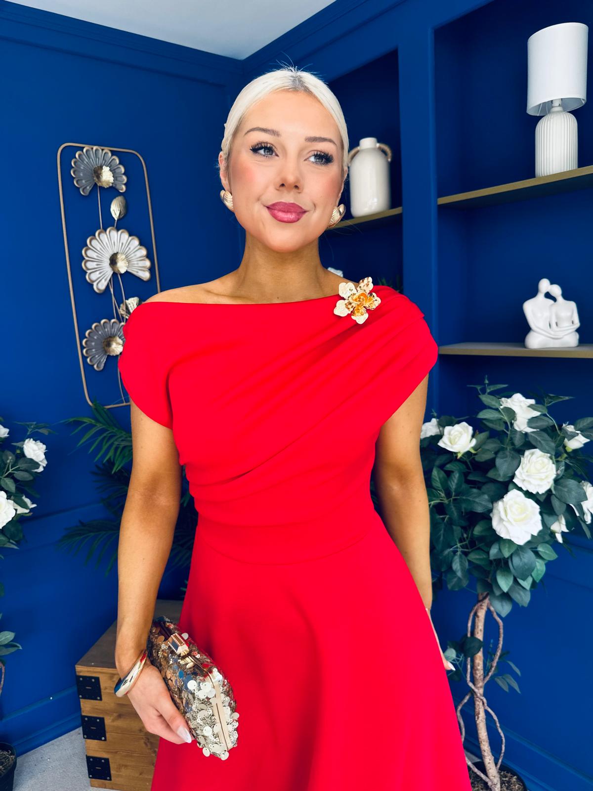 Reagan Gold Broach Detail Midi Dress Red