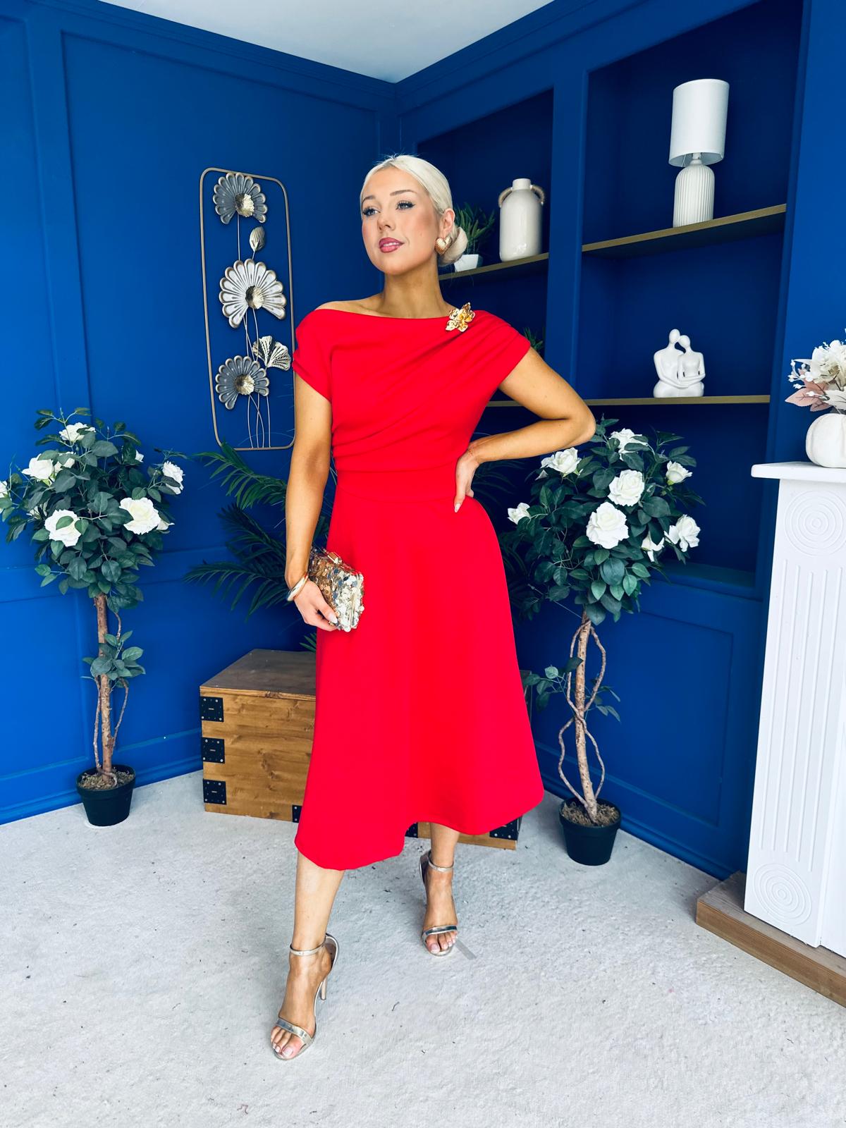 Reagan Gold Broach Detail Midi Dress Red
