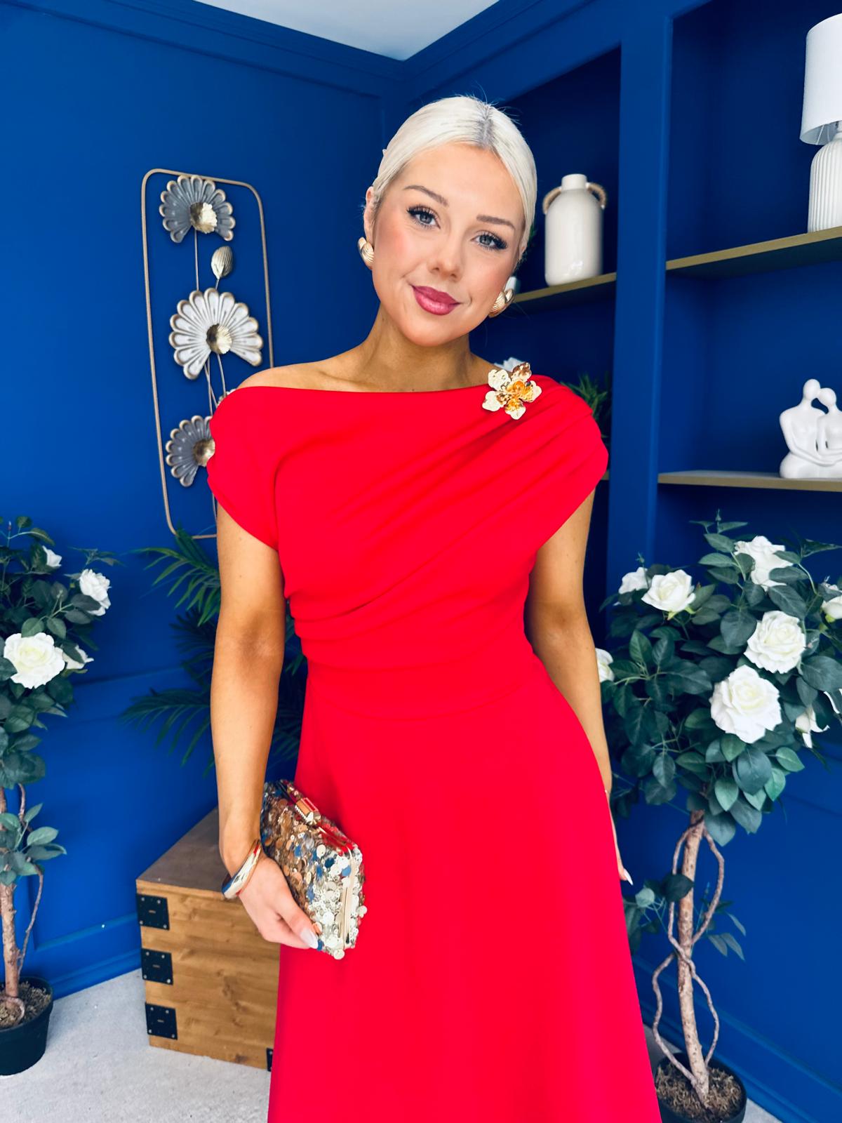 Reagan Gold Broach Detail Midi Dress Red