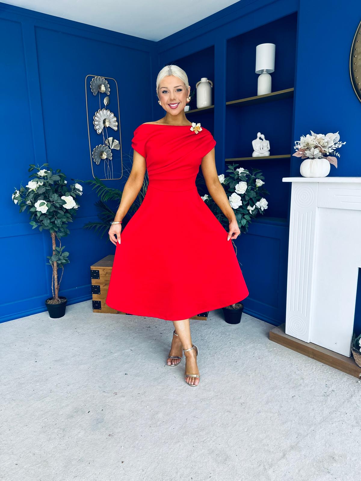 Reagan Gold Broach Detail Midi Dress Red