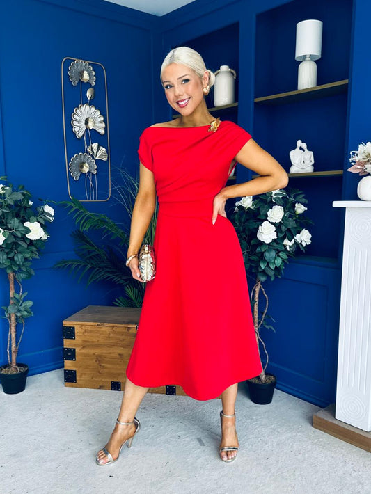 Reagan Gold Broach Detail Midi Dress Red