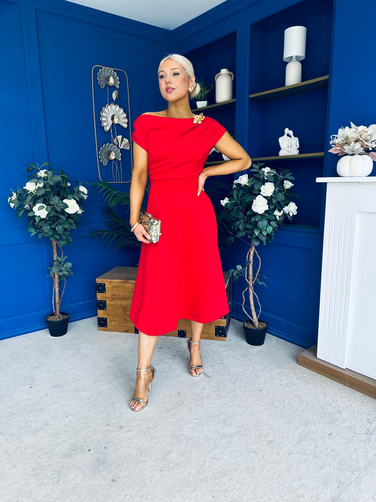 Reagan Gold Broach Detail Midi Dress Red