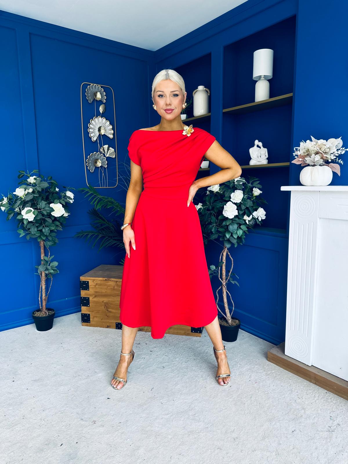 Reagan Gold Broach Detail Midi Dress Red
