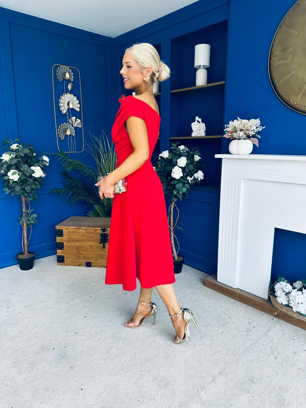 Reagan Gold Broach Detail Midi Dress Red