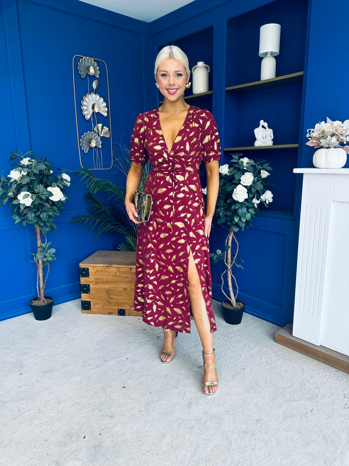 Kendra Gold Leaf Detail Midi Dress Wine