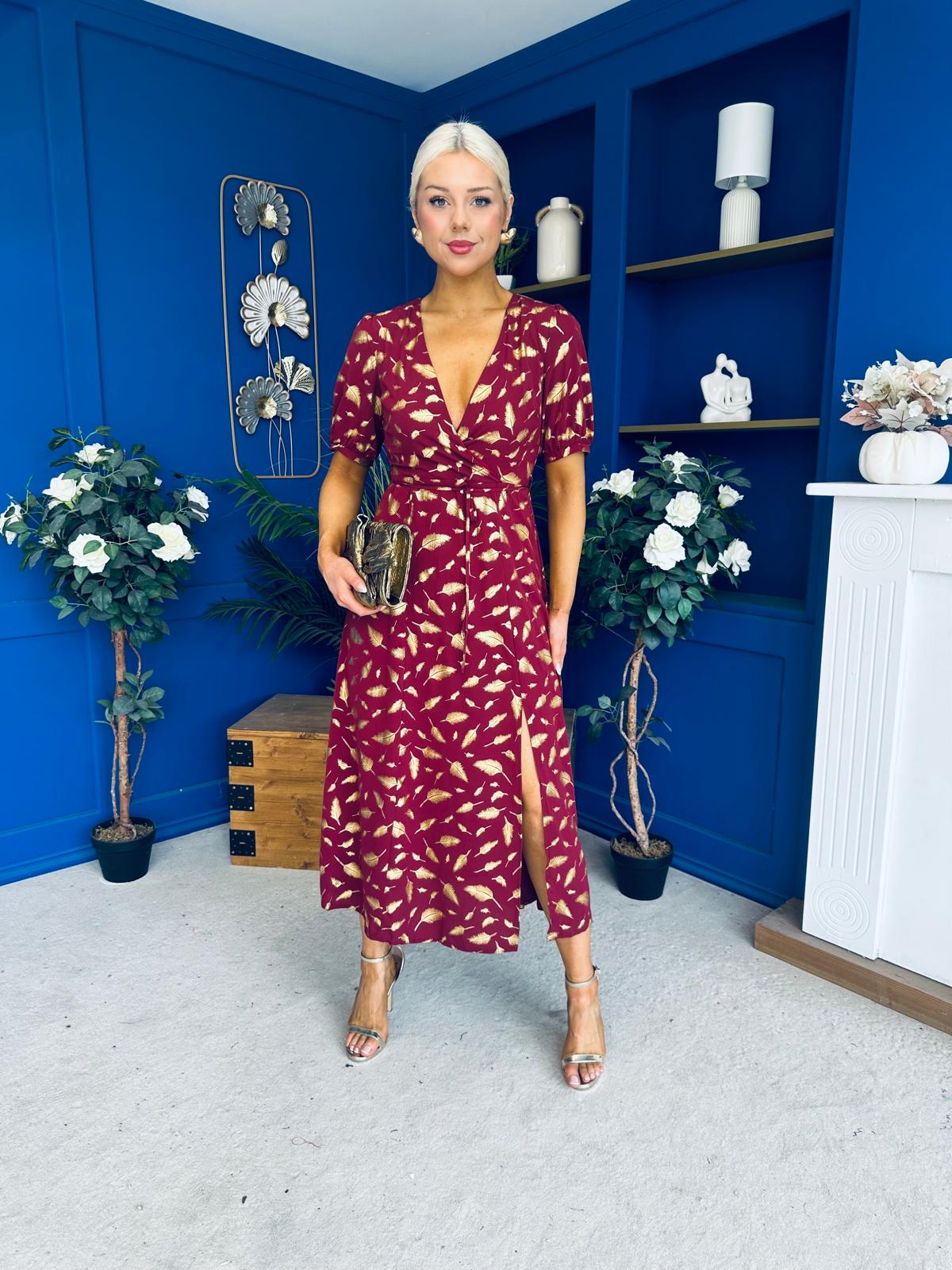 Kendra Gold Leaf Detail Midi Dress Wine