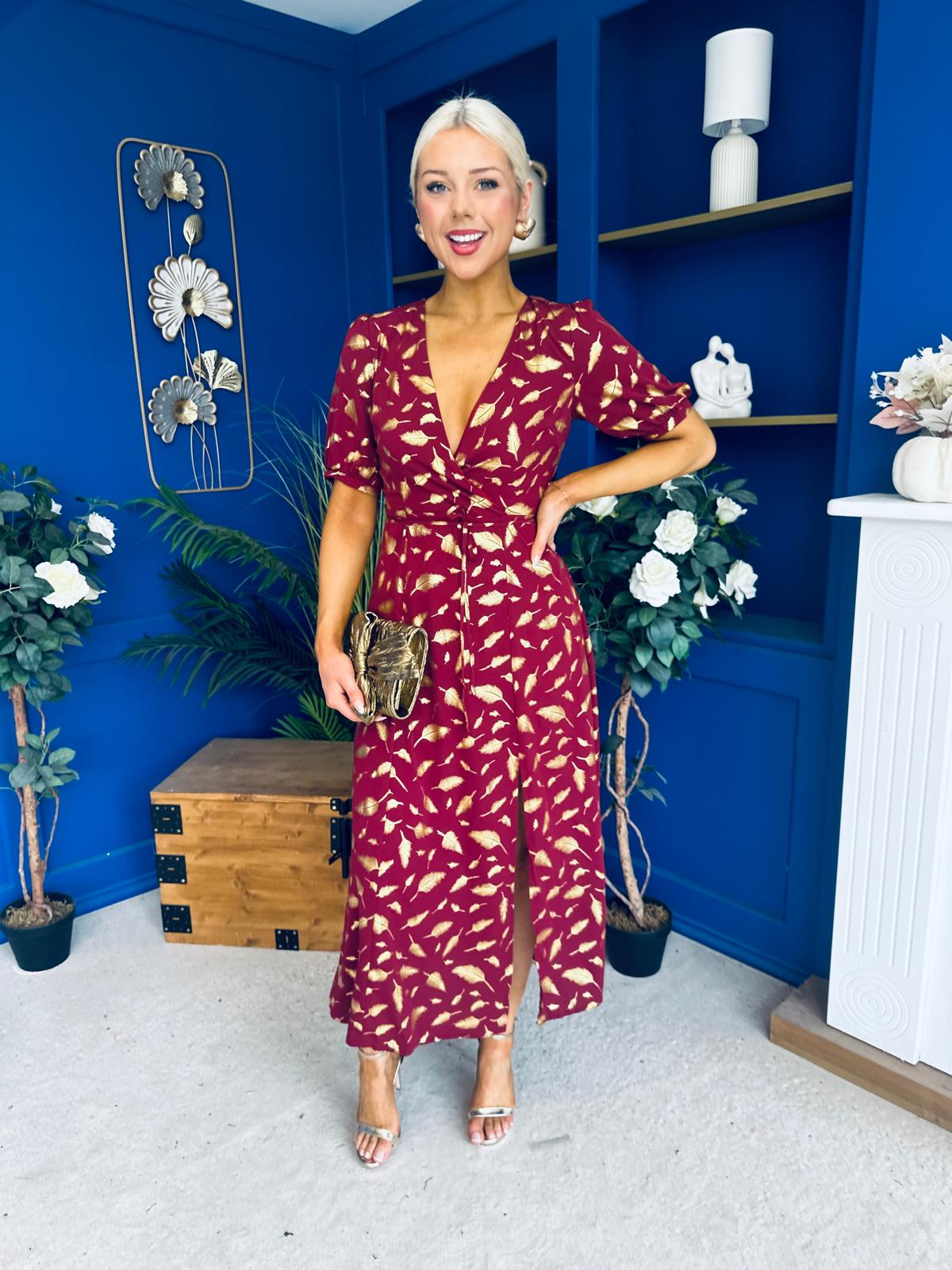 Kendra Gold Leaf Detail Midi Dress Wine