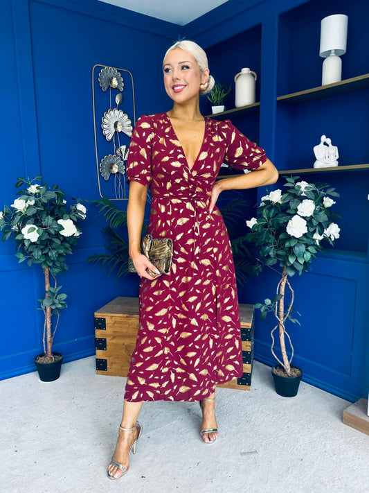 Kendra Gold Leaf Detail Midi Dress Wine
