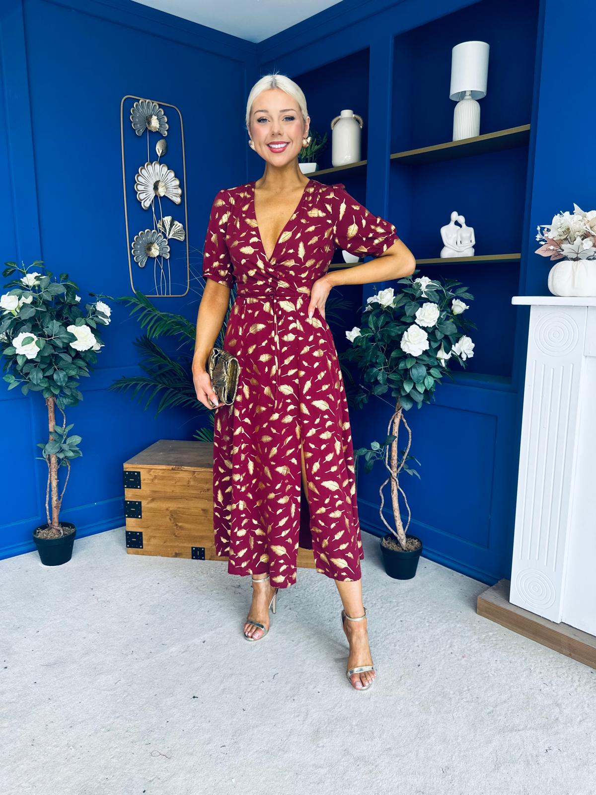 Kendra Gold Leaf Detail Midi Dress Wine