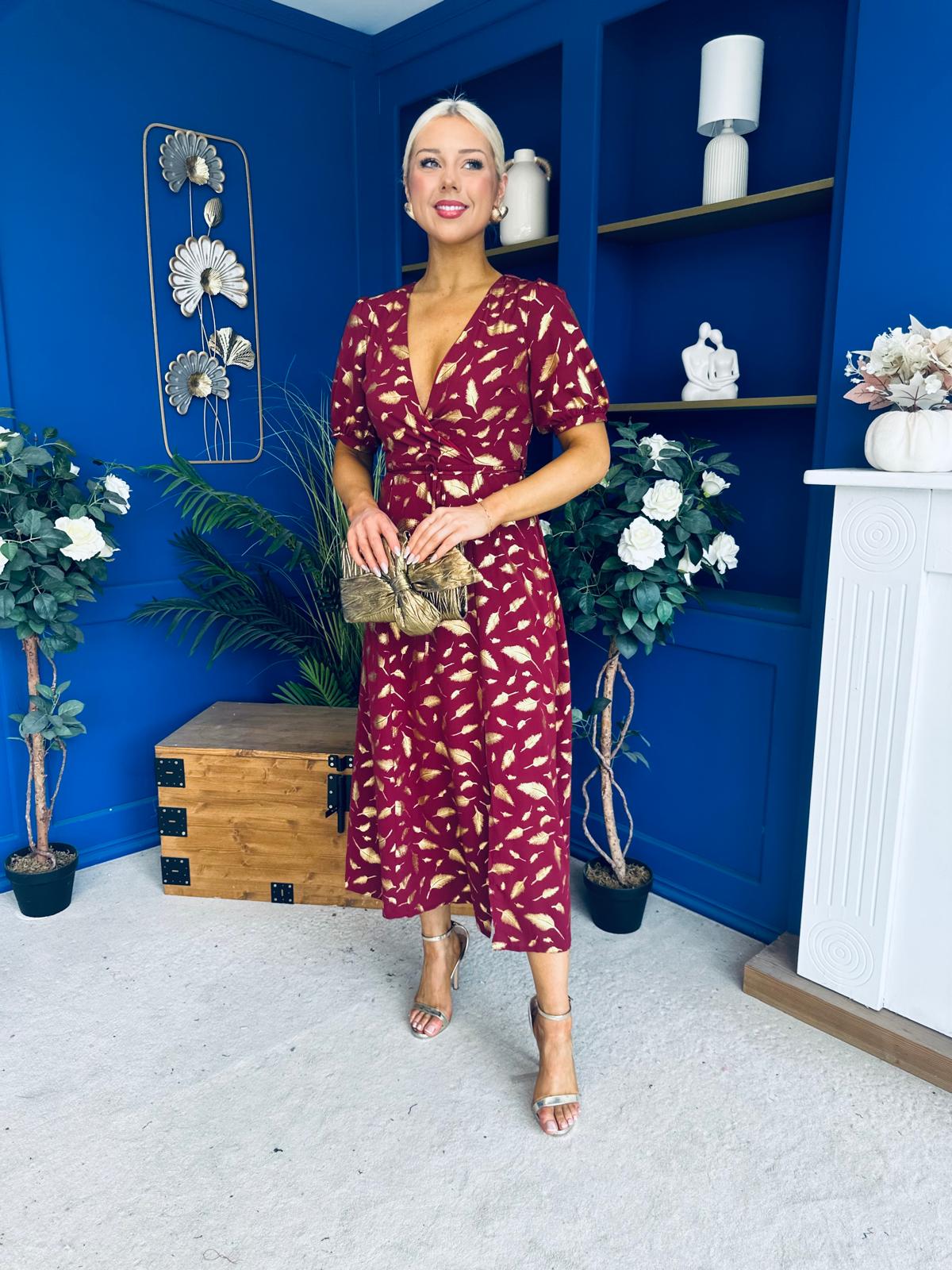 Kendra Gold Leaf Detail Midi Dress Wine