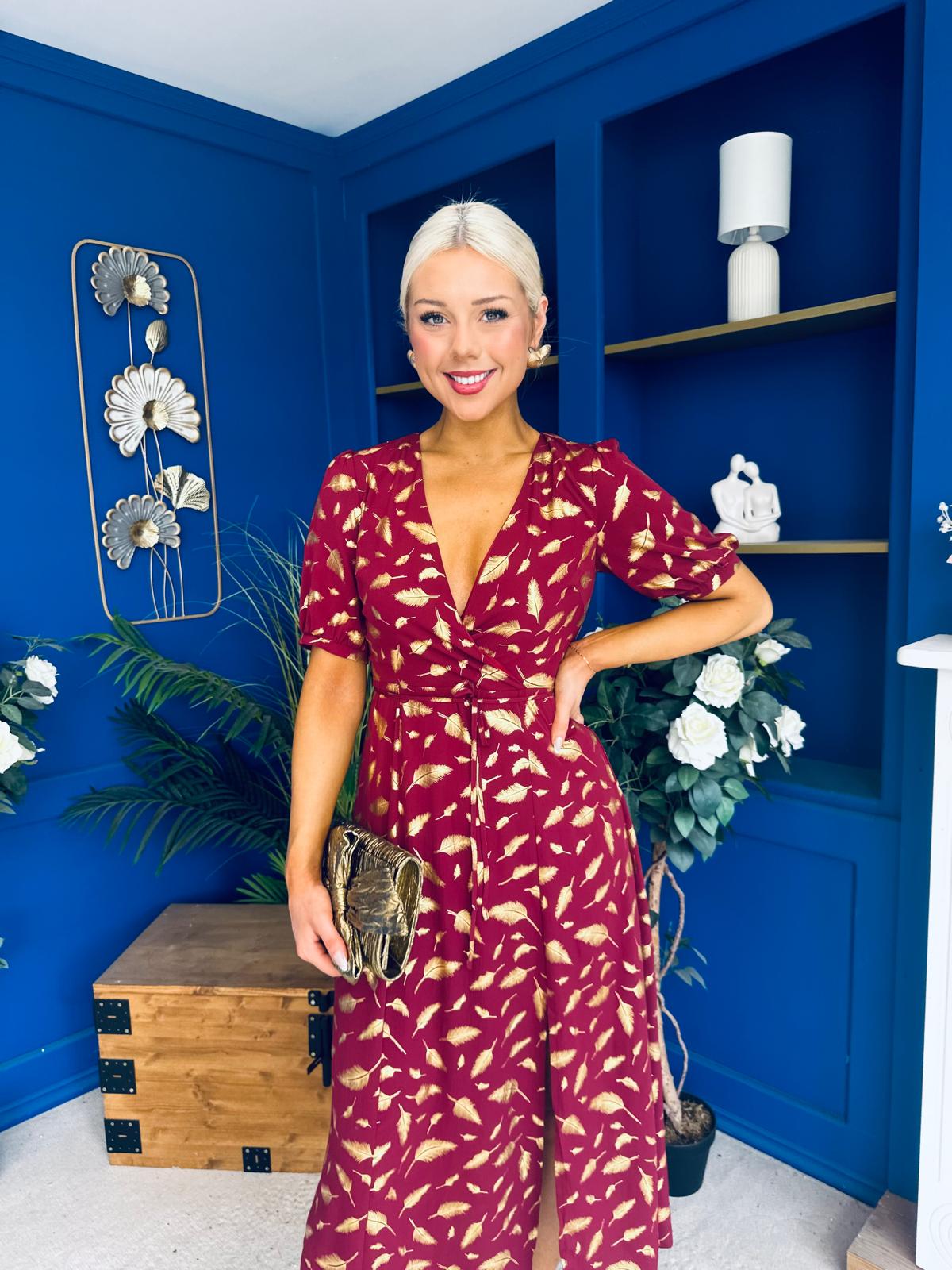 Kendra Gold Leaf Detail Midi Dress Wine