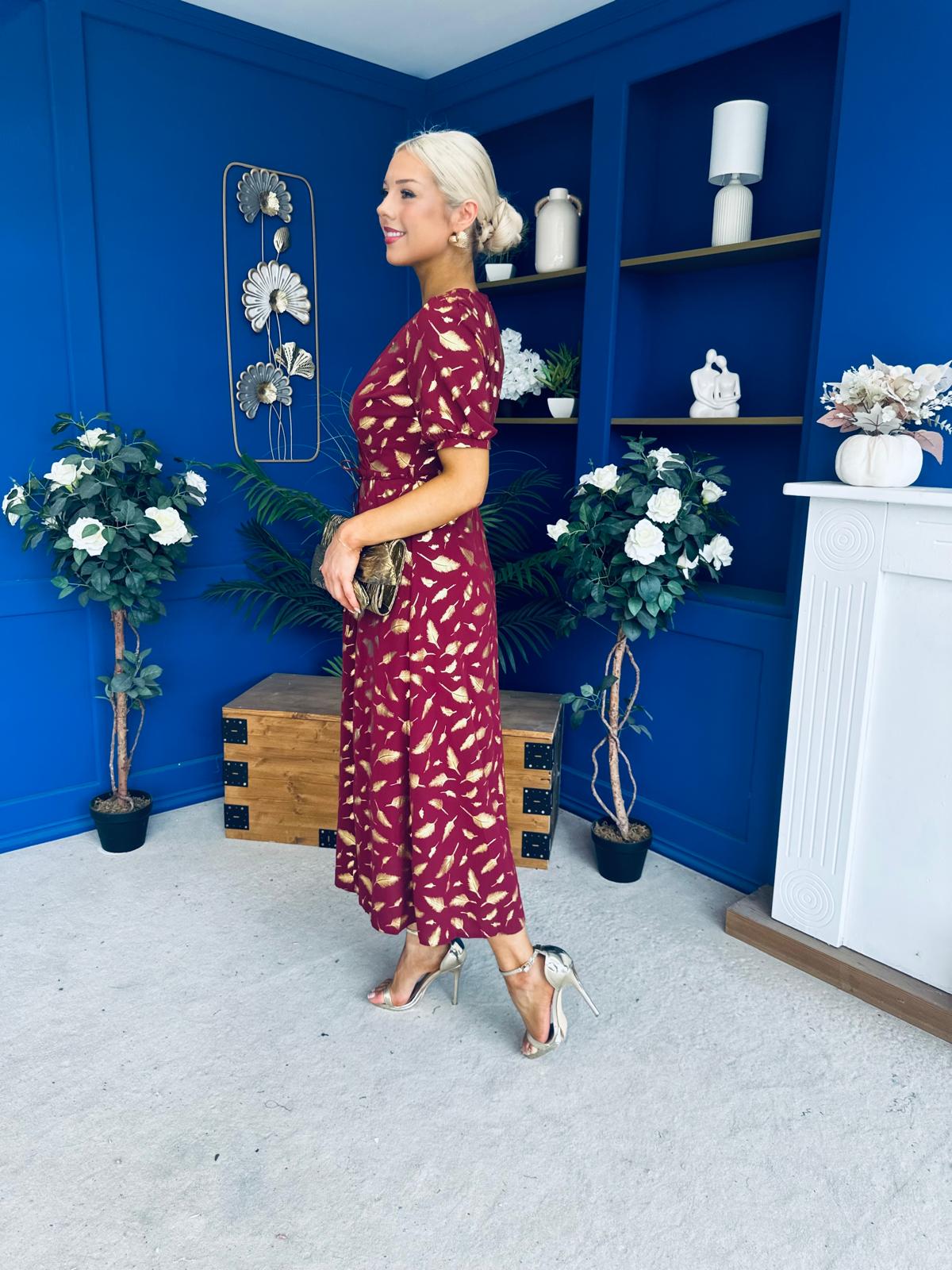 Kendra Gold Leaf Detail Midi Dress Wine