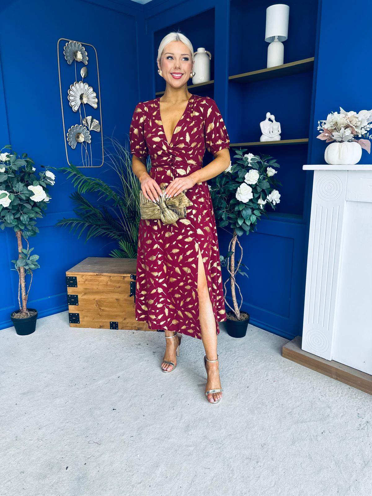 Kendra Gold Leaf Detail Midi Dress Wine