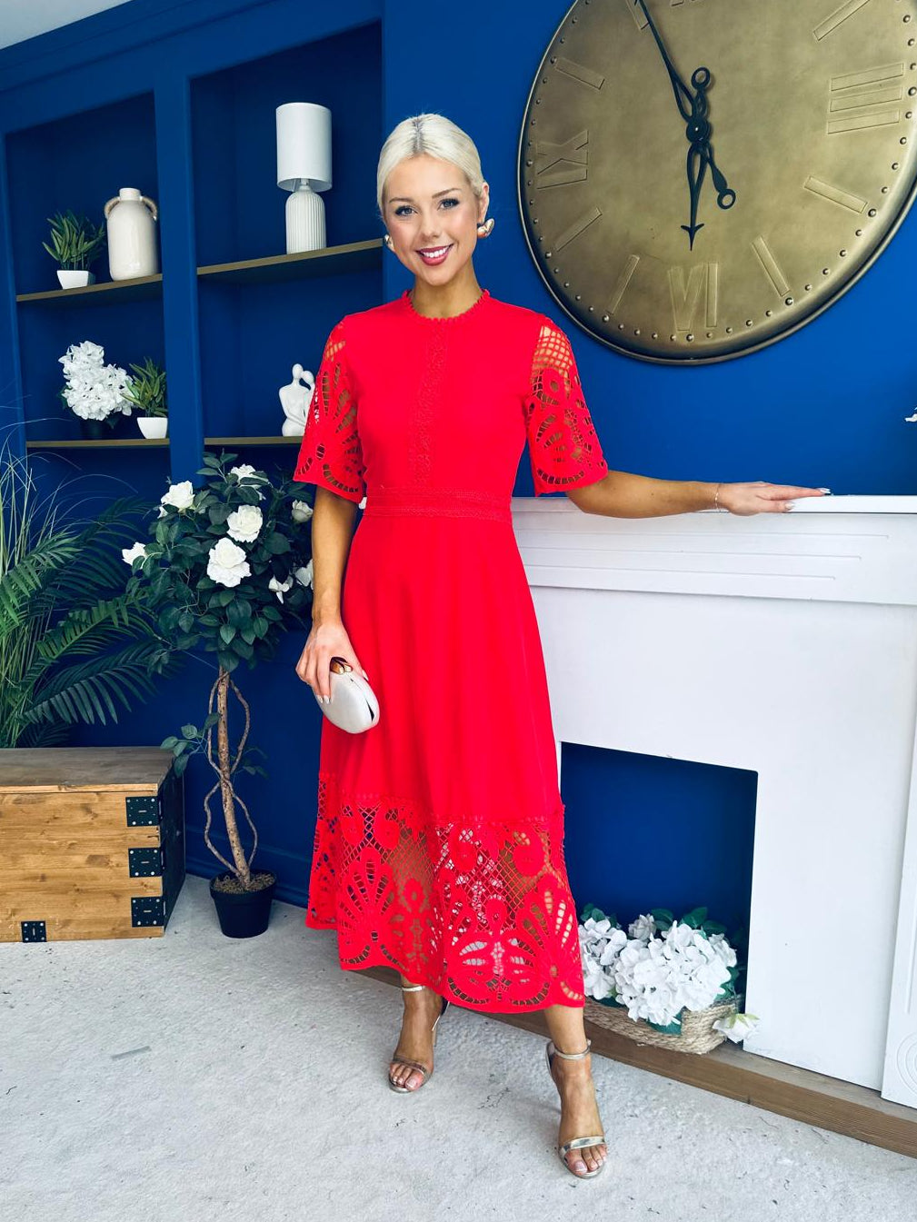 Oran Crochet Detail Occasion Dress Red