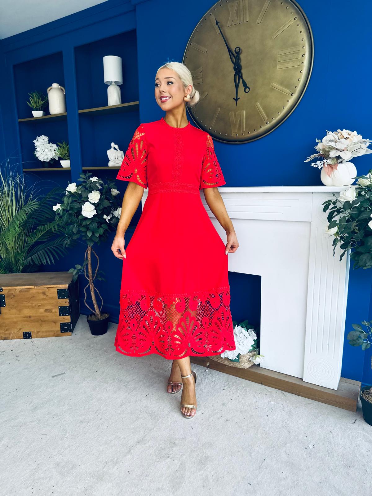 Oran Crochet Detail Occasion Dress Red