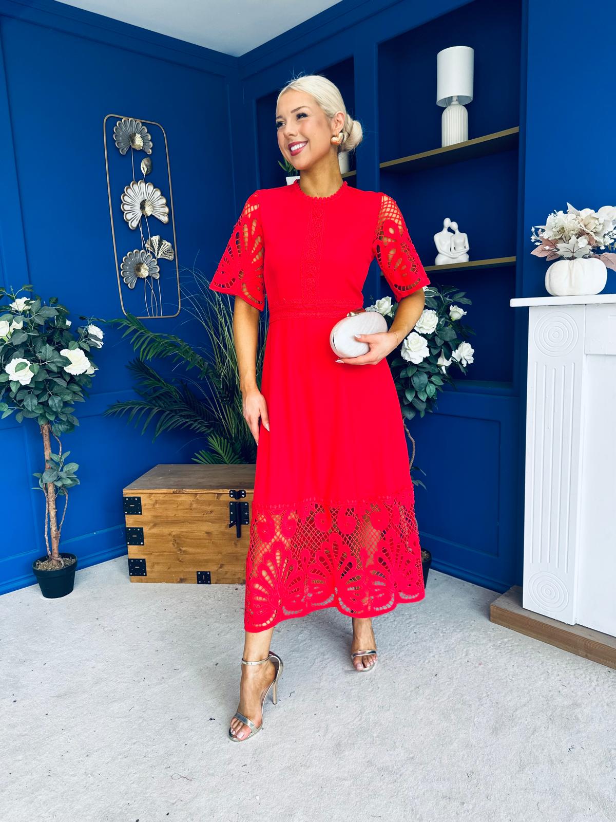 Oran Crochet Detail Occasion Dress Red