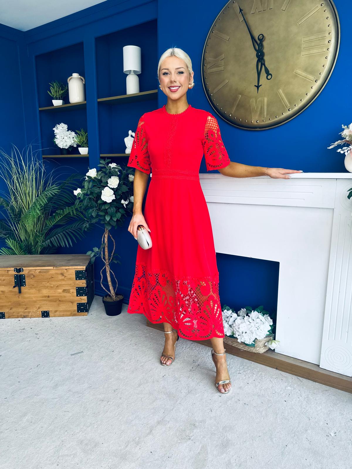 Oran Crochet Detail Occasion Dress Red