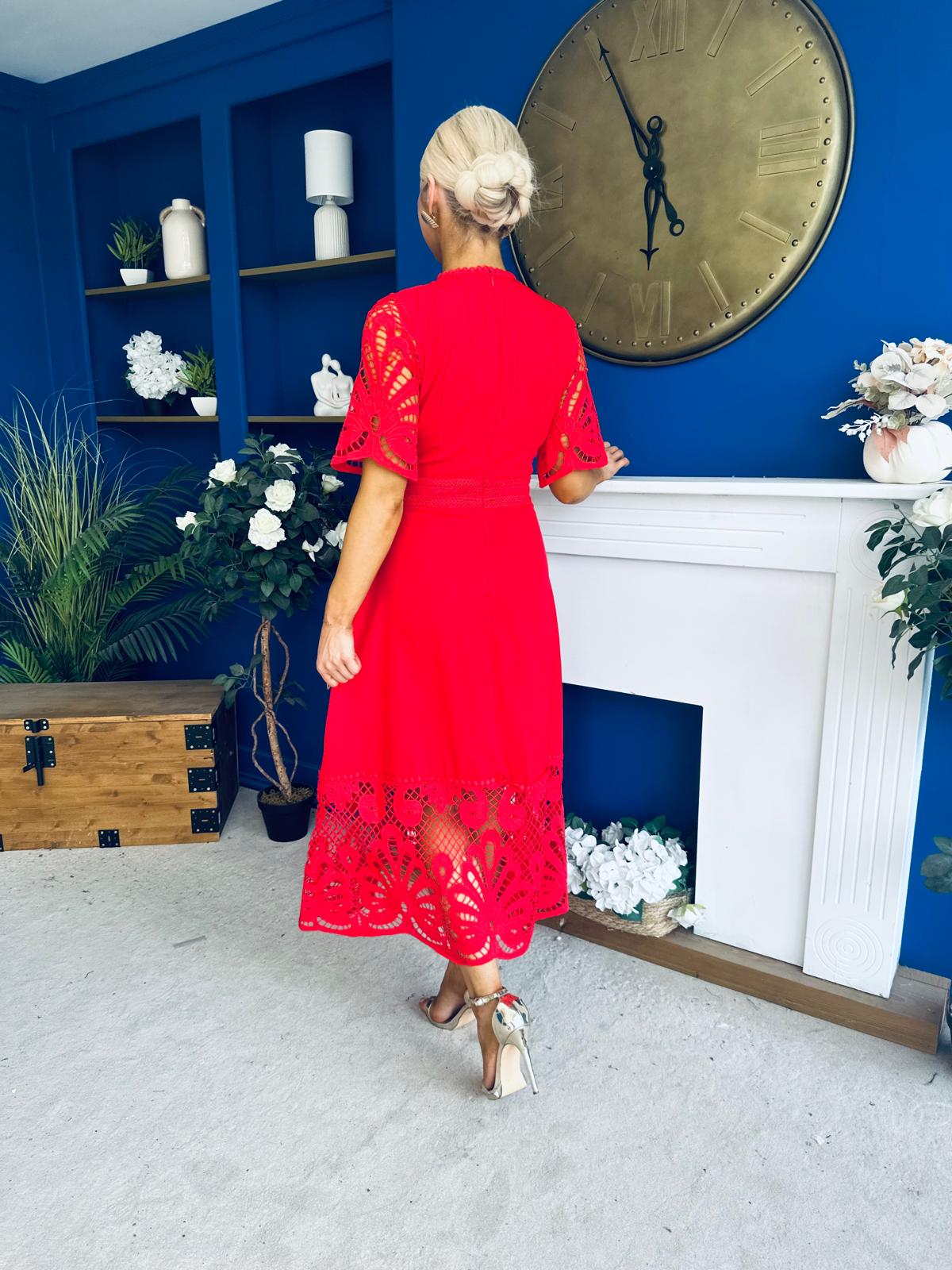 Oran Crochet Detail Occasion Dress Red