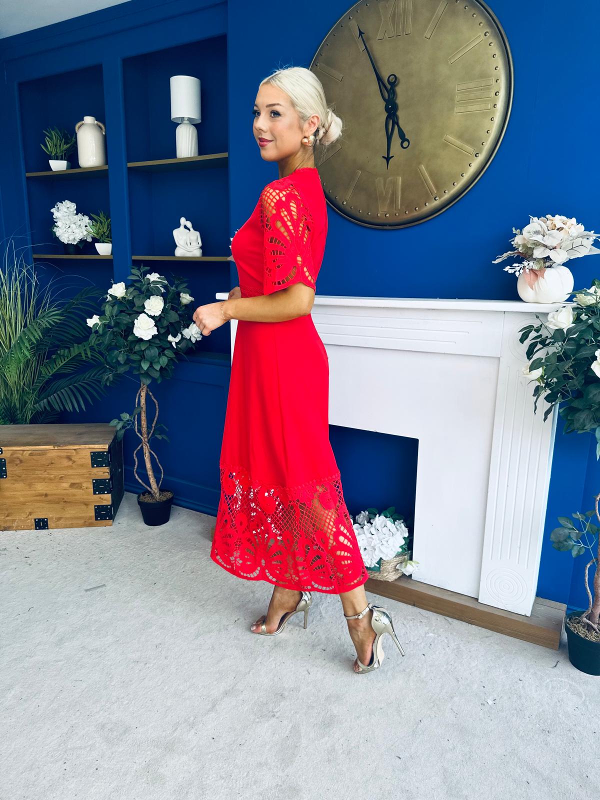 Oran Crochet Detail Occasion Dress Red