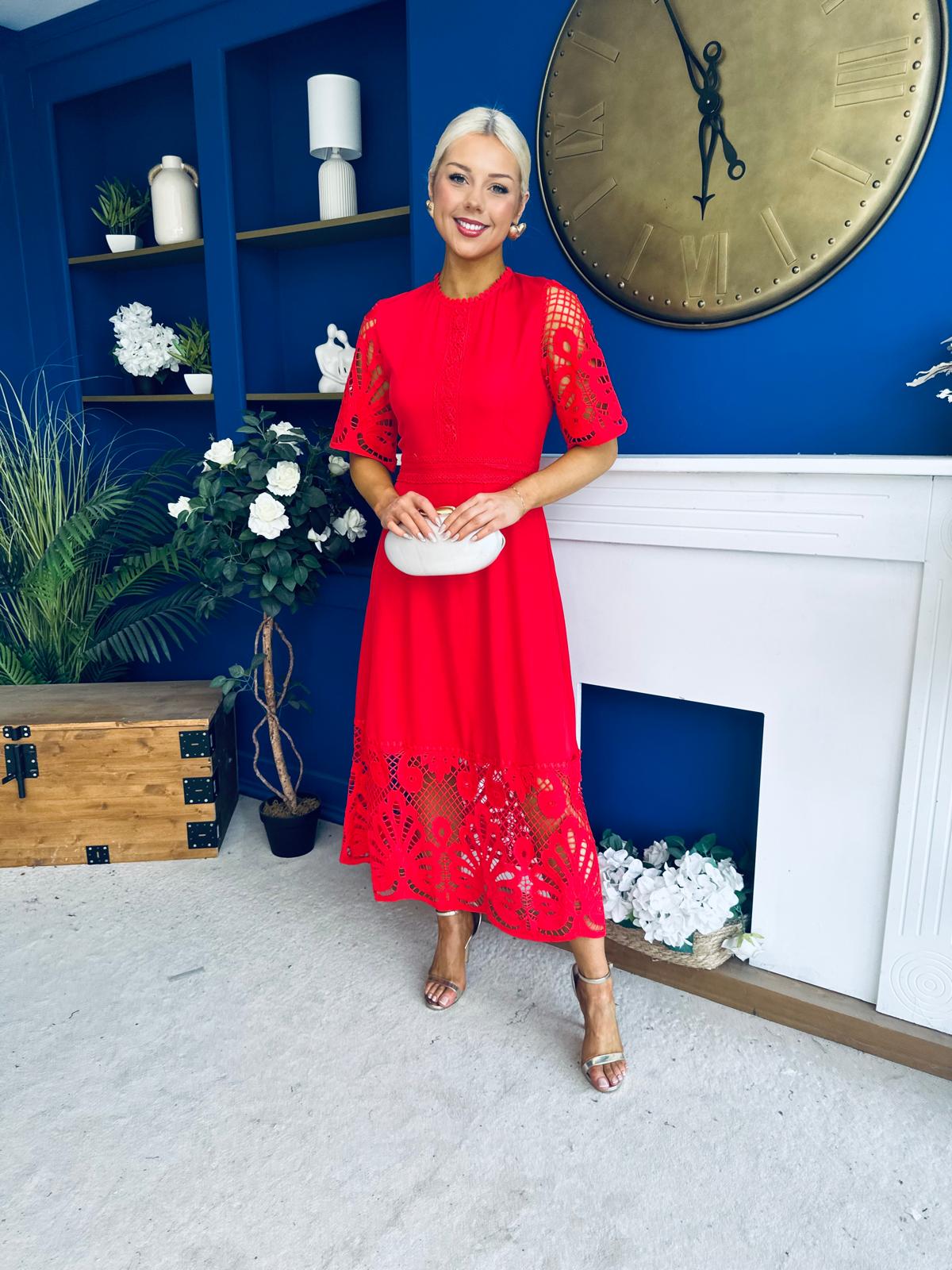 Oran Crochet Detail Occasion Dress Red