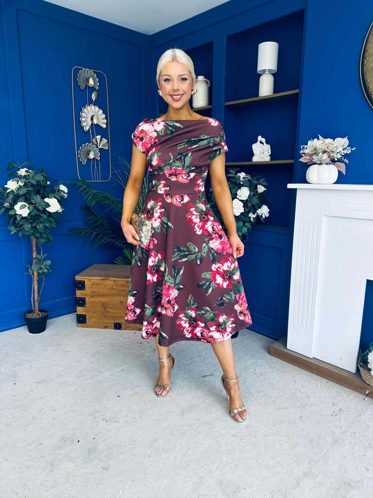 Tracey Detailed Midi Dress Floral Chocolate