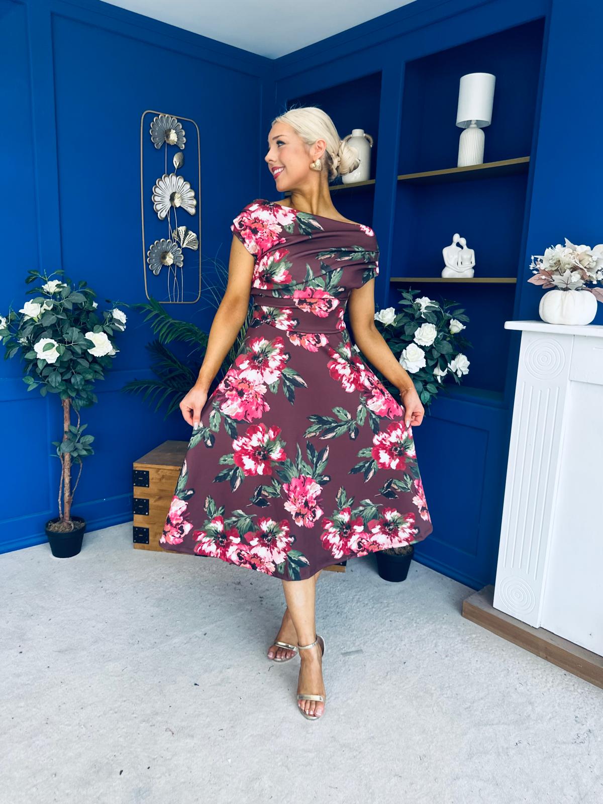 Tracey Detailed Midi Dress Floral Chocolate