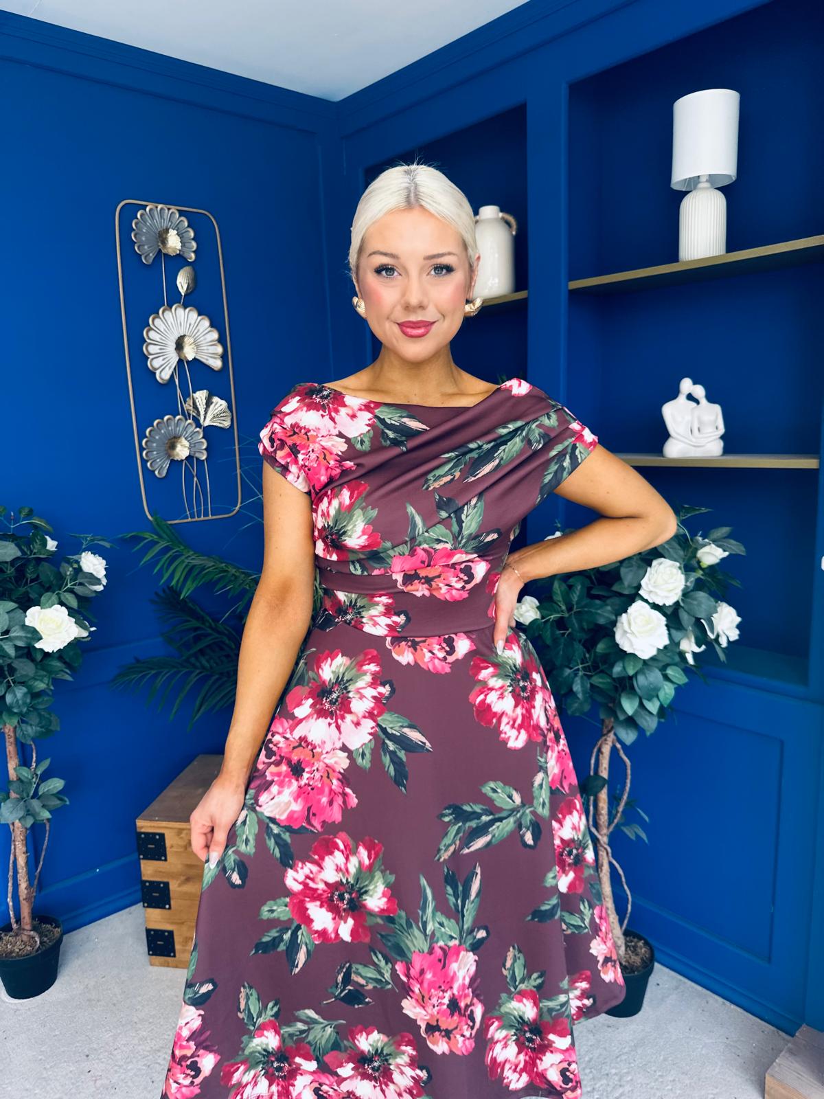 Tracey Detailed Midi Dress Floral Chocolate