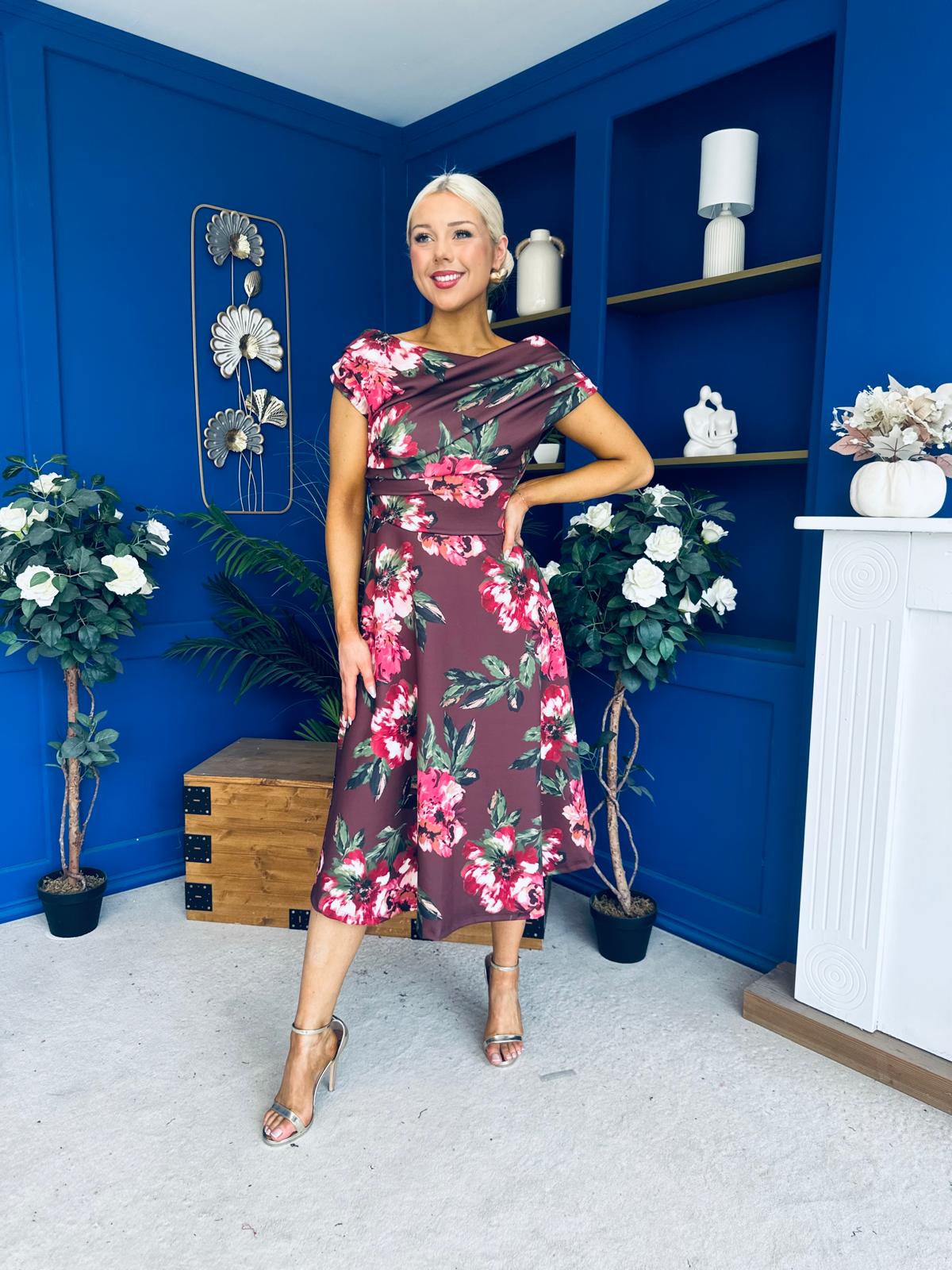 Tracey Detailed Midi Dress Floral Chocolate