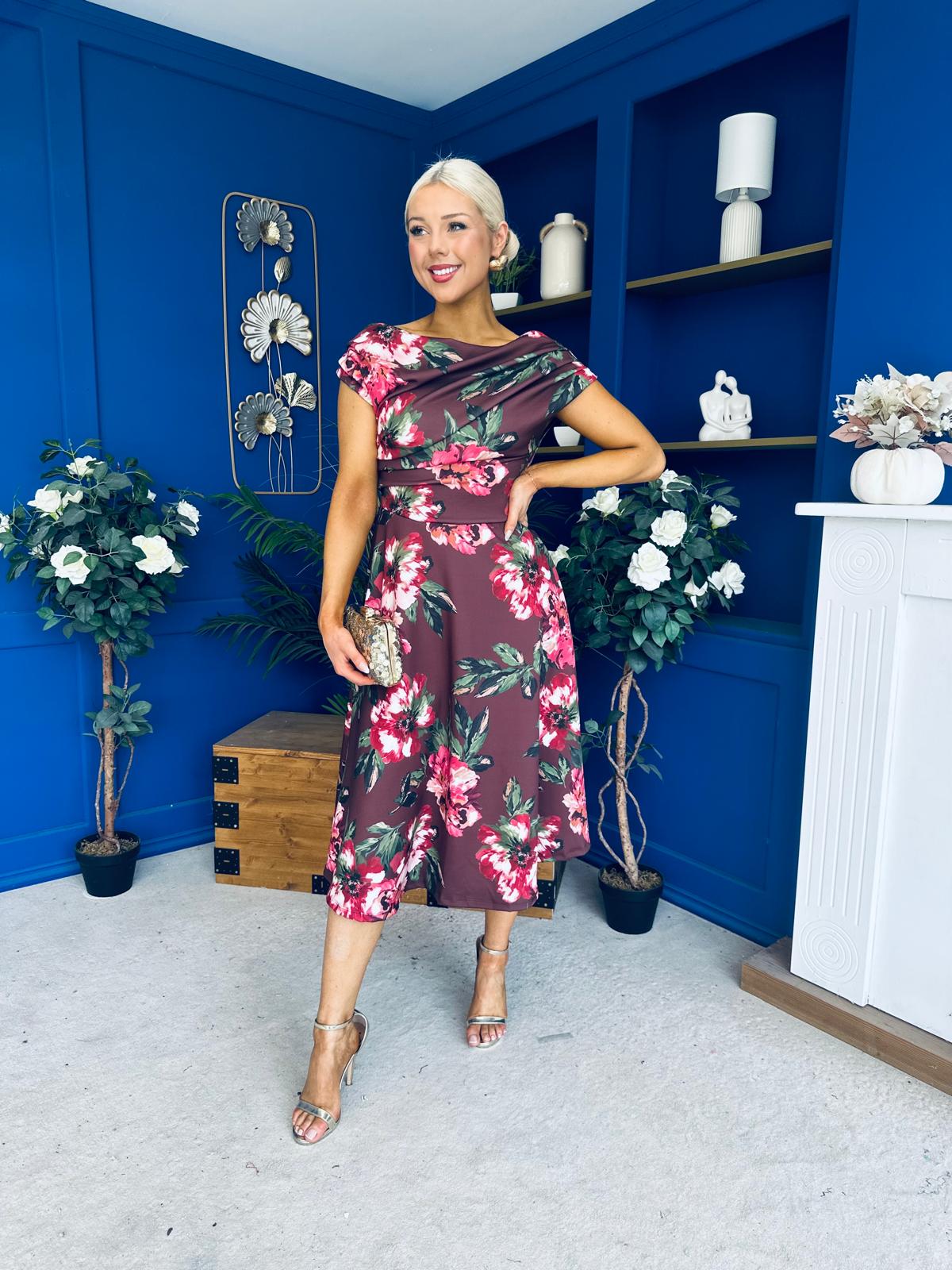 Tracey Detailed Midi Dress Floral Chocolate