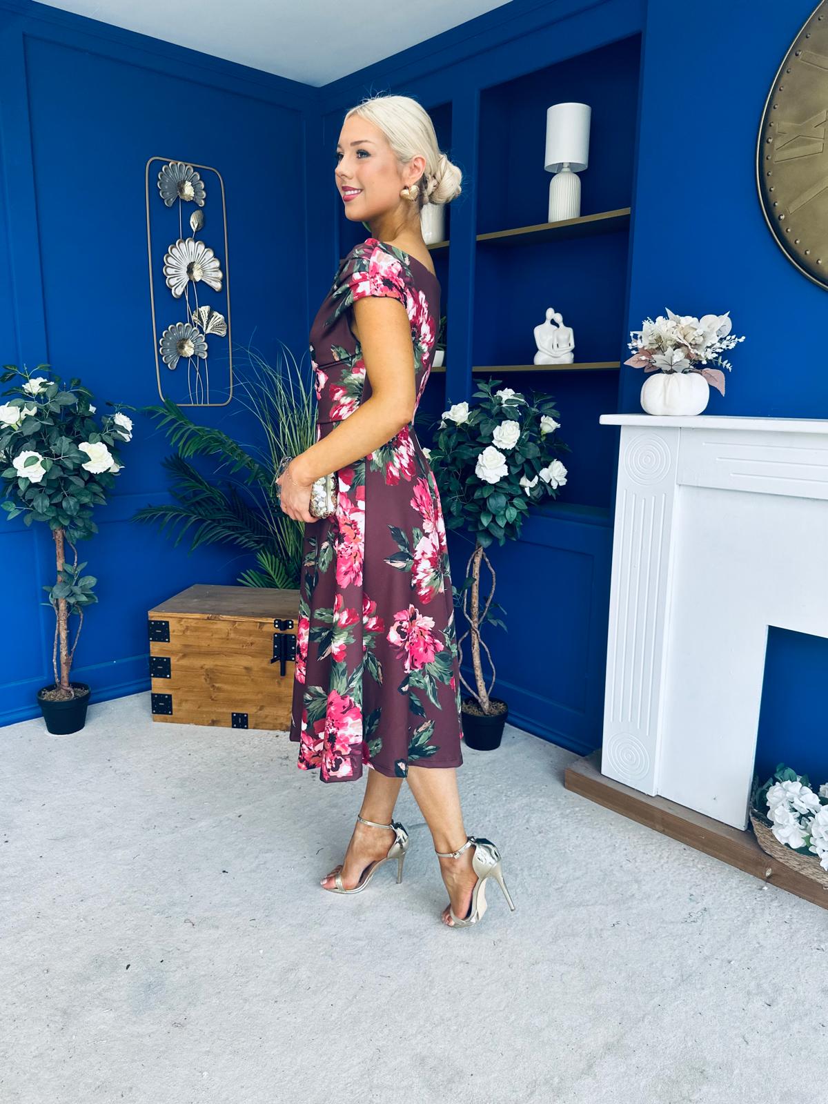 Tracey Detailed Midi Dress Floral Chocolate