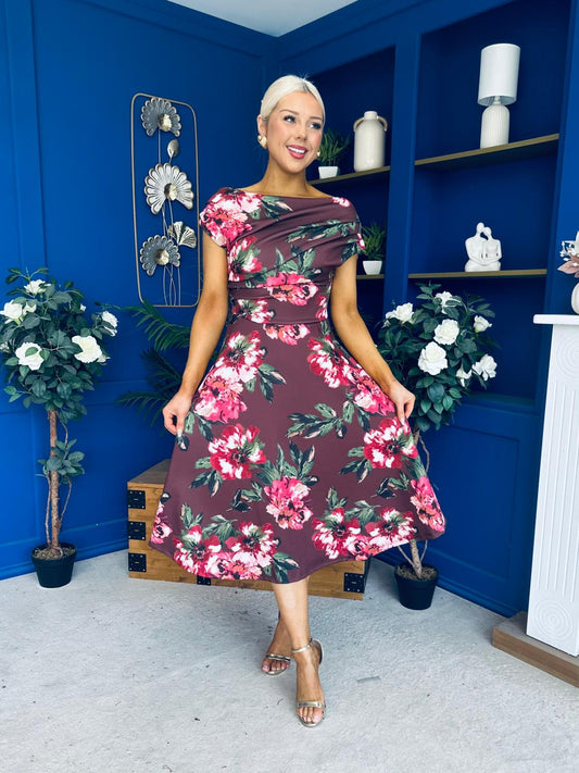 Tracey Detailed Midi Dress Floral Chocolate
