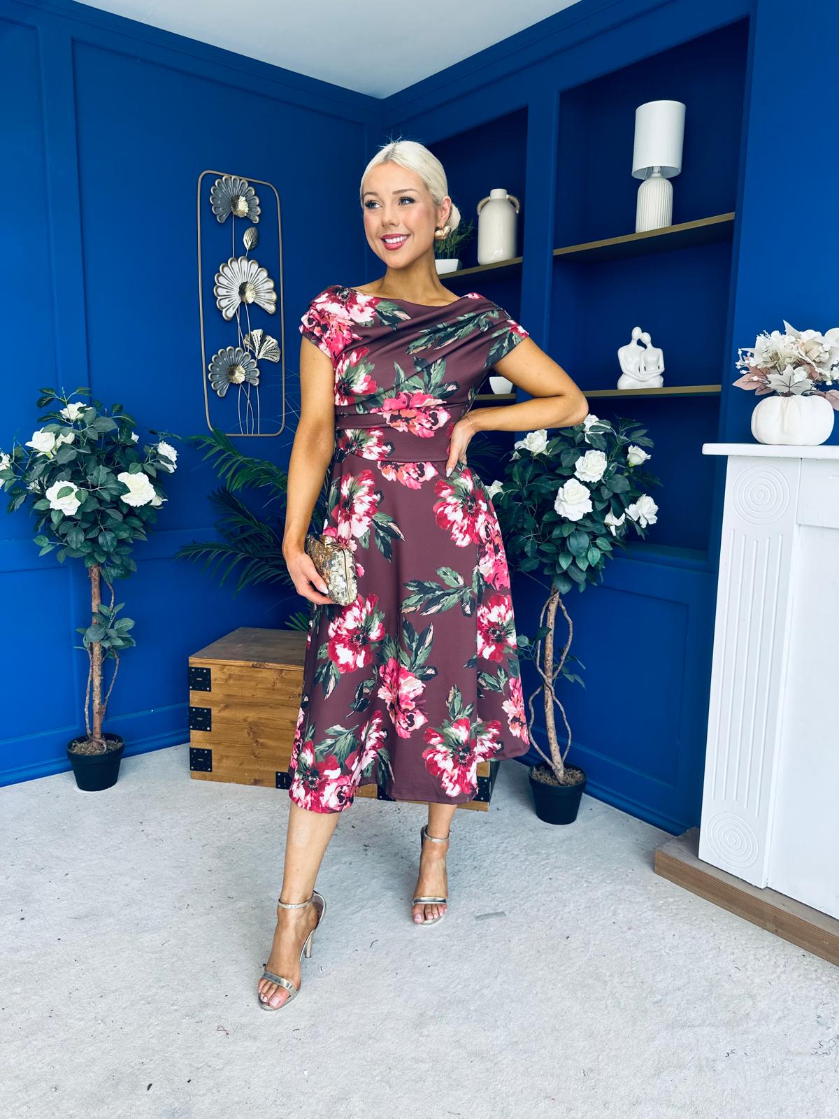 Tracey Detailed Midi Dress Floral Chocolate